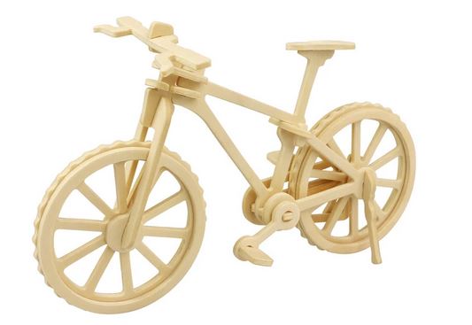 Introducing the DIY Bicycle 3D Wooden Puzzle by Hands Craft, a model kit showcasing detailed components such as wheels, frame, pedals, and handlebars. Crafted from light-colored wood with a natural finish, this puzzle requires no tools or glue for assembly—perfectly suited as a gift idea for both hobbyists and enthusiasts.