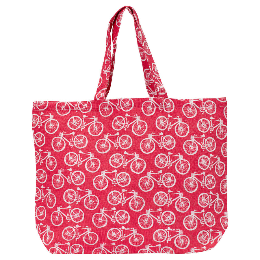 Introducing the Beach Cruiser Jute Tote by zzzRockFlowerPaper: a stylish and eco-friendly choice for carrying your essentials. This red tote bag features charming white bicycle patterns across its surface and is made from biodegradable jute, making it a sustainable option for any outing.