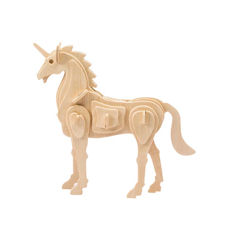 The Hands Craft DIY Unicorn 3D Wood Puzzle is meticulously crafted from non-toxic plywood and features a minimalist design with visible interlocking pieces. This standing puzzle, showcasing a single horn, mane, and tail in light-colored wood, serves as an excellent educational tool.