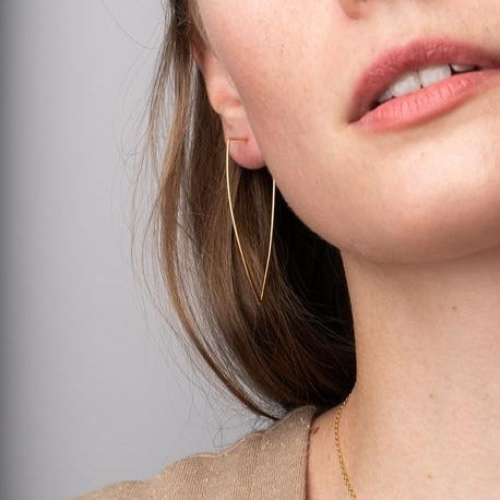 Close-up of a person wearing the thin, elongated Galaxy Triangle Gold earrings by Scout Jewelry. The person's lips are slightly parted, and they are wearing a beige top. These 18K Gold Vermeil, nickel and cadmium-free earrings ensure a hypoallergenic experience while beautifully complementing the lower part of the person's face.