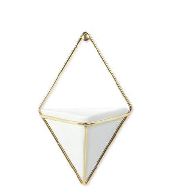 Presenting the Umbra White Diamond Small Wall Vase, a chic wall-mounted planter with a gold metal frame that elegantly supports a white triangular pot, ideal for growing a mini indoor wall garden or displaying small decorative items.