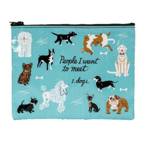 The People to Meet Dogs Zipper Pouch by Blue Q is a turquoise bag made from recycled materials, showcasing illustrations of various dog breeds alongside the whimsical text, "People I want to meet: 1. dogs." The background is embellished with small bone designs, making it an ideal accessory for dog enthusiasts.