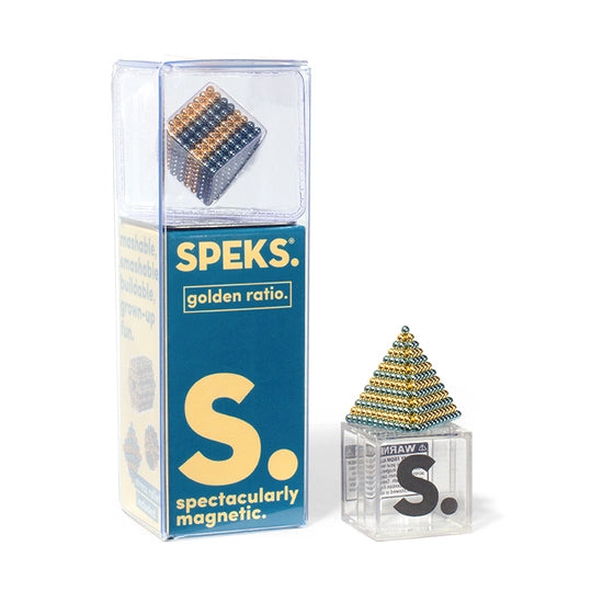 The packaging of the 512 GoldenRatio Speks showcases a pyramid of multicolored Neodymium magnetic balls next to the box. Featuring the brand name "SPEKS" along with phrases like "golden ratio" and "spectacularly magnetic," this intriguing desk toy provides limitless entertainment for your workspace.