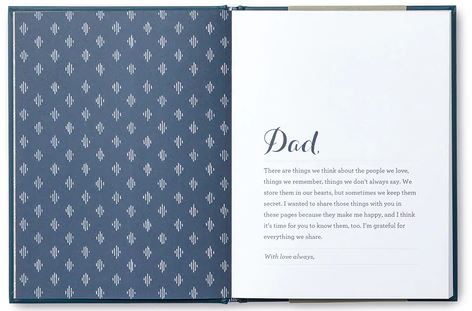 An open card from Compendium's "I Love You Dad" collection features a patterned blue left-hand page and a white right-hand page with the word "Dad" elegantly printed at the top. The right-hand page includes a heartfelt message about sharing memories and love, making it an ideal keepsake, while providing space at the bottom for adding a personal note.