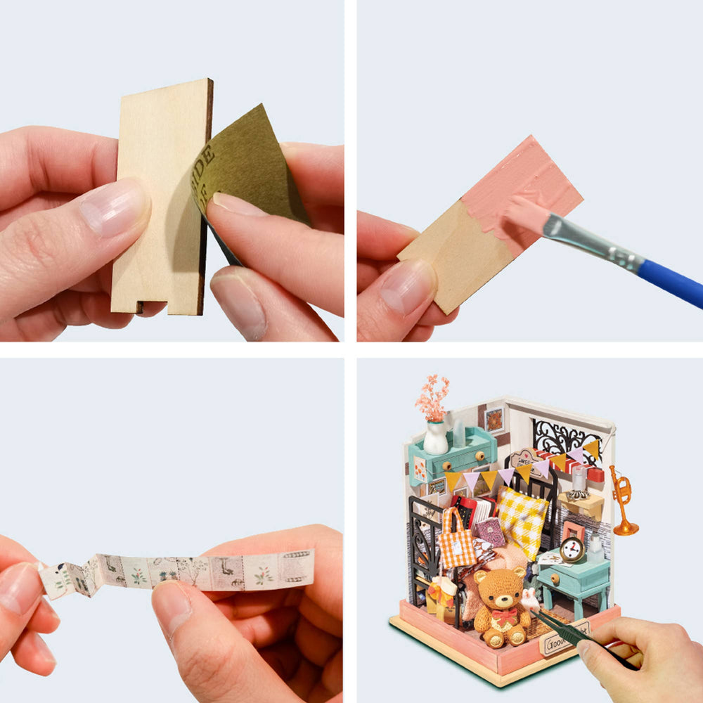 A four-panel image demonstrating steps to assemble the Hands Craft Bedroom DIY Micro Miniature Kit. First, sanding a piece of wood. Second, painting the wood pink. Third, folding a paper pattern. Fourth, showcasing a completed miniature bedroom with intricate tiny items like furniture, plants, and a teddy bear—a detailed crafting project that's perfect as a unique hands-on gift.