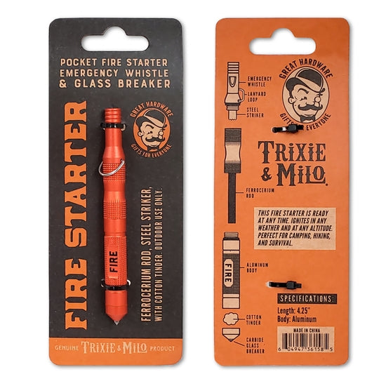 Front and back packaging of the TrixienMilo Pocket Fire Starter Tool and emergency whistle with a glass breaker, ideal for camping and hiking. The front showcases the product, labeled "Pocket Fire Starter Tool," accompanied by an image. The back details its survival features, specifications, and illustrations geared towards outdoor use.