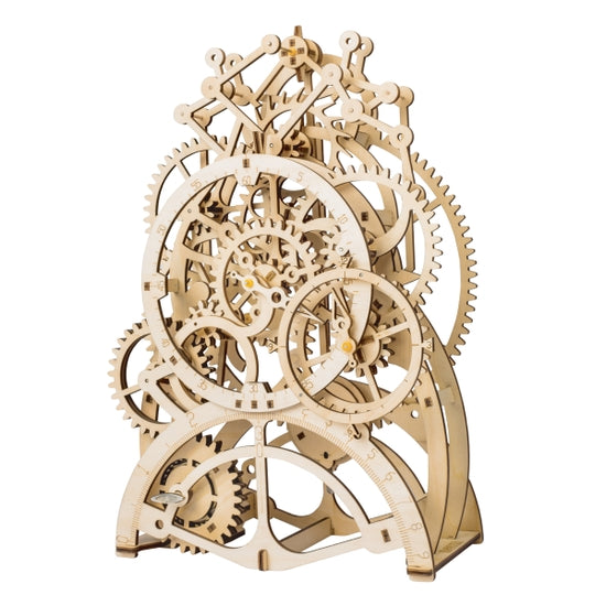 Hands Craft's DIY Pendulum Clock is an intricate wooden mechanical model resembling a clockwork mechanism. Its light-colored wood highlights the detailed craftsmanship of interlocking gears and levers, offering enthusiasts a perfect blend of art and engineering.