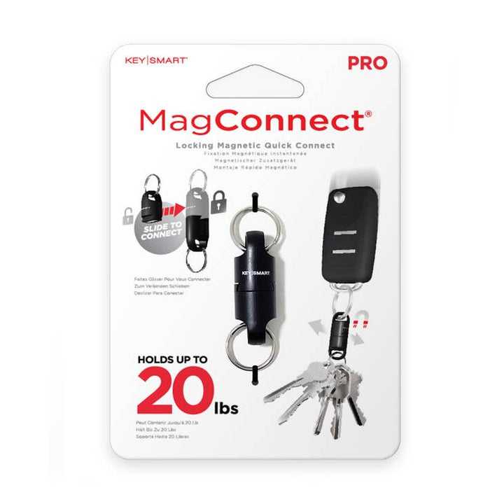 The packaging for KeySmart's Magnetic Quick Connect Pro highlights its ultra-durable magnetic quick-connect keychain. It features an image of keys attached to the device, showcasing its secure locking feature and impressive capability to support up to 20 lbs. Usage instructions are also provided.