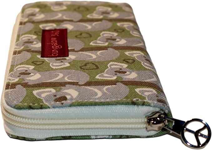 This Bungalow 360 Zipper Wallet Koala showcases a green design highlighted with delightful sloths and leaves. It features a white zipper with an elegant metallic pull, offering practicality while appealing to those who value distinctive designs that support animal causes.