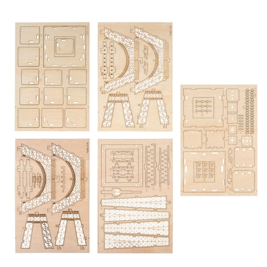 Five sheets of laser-cut wooden parts from the Hands Craft 3D Wooden Puzzle: Eiffel Tower are arranged side by side. Each sheet contains various shapes and components with intricate patterns designed for assembling the model. The wood pieces have detailed cuts and markings, evoking a modern vintage style.