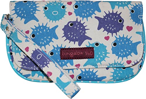 The Large Wristlet Puffer Fish by Bungalow 360 showcases a vibrant pattern of puffer fish in blue and purple hues, adorned with tiny pink hearts. Made of vegan cotton canvas, the design is accentuated by a maroon fabric label at the front displaying the brand name, underscoring its dedication to distinctive designs.