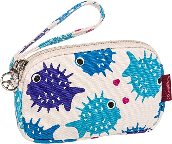 Introducing the Tiny Wristlet Puffer Fish by Bungalow 360: This compact zippered pouch with a wrist strap showcases a charming print of vibrant blue and purple pufferfish, accented with small pink hearts. Made from vegan cotton canvas, it features distinctive designs and comes complete with a metal zipper pull shaped like a peace sign.