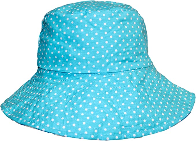 The Bungalow 360 Beach Hat Puffer Fish is a wide-brimmed, reversible light blue beach hat with white polka dots and unique puffer fish designs, shown on a white background.