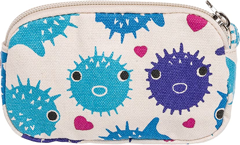 The Tiny Wristlet Puffer Fish by Bungalow 360 is a small beige zippered pouch made from cotton canvas, featuring a printed design of blue and purple pufferfish adorned with small pink hearts. The smiling pufferfish have black eyes, and the pouch is equipped with a metal zipper pull. This vegan accessory is both charming and practical.