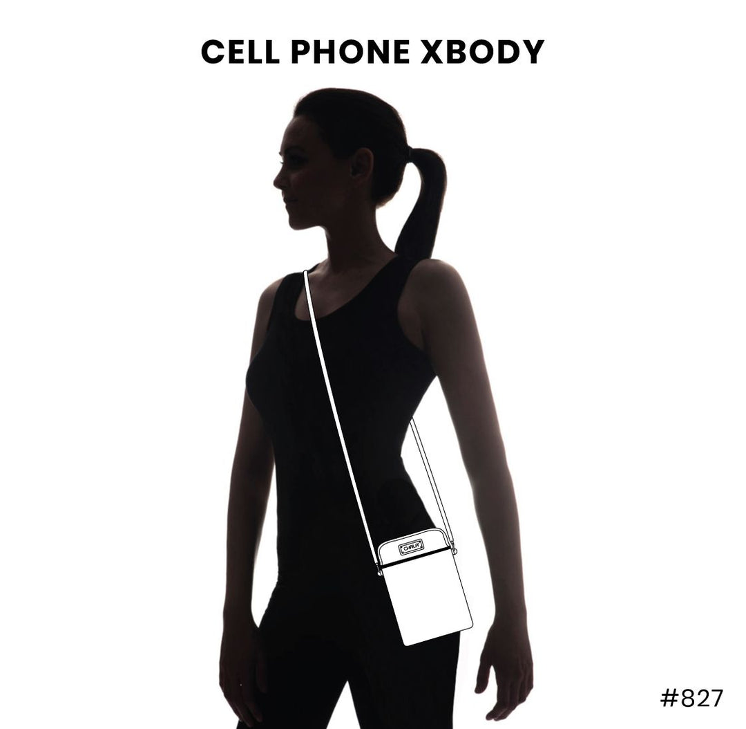 Silhouette of a person with a ponytail wearing a Chala Cell Phone XBody Bohemian Black crossbody bag. The faux suede leather bag, outlined in white, has an adjustable strap and is marked with "CELL PHONE XBODY" at the top and "#827" in the corner.