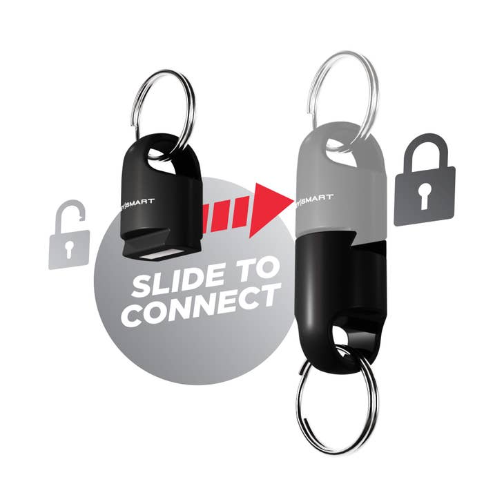 Two ultra-durable black parts of the Magnetic Quick Connect Pro by KeySmart are shown with an arrow indicating they slide to connect. Text reads "Slide to Connect" with lock icons on each side, emphasizing the secure locking feature.