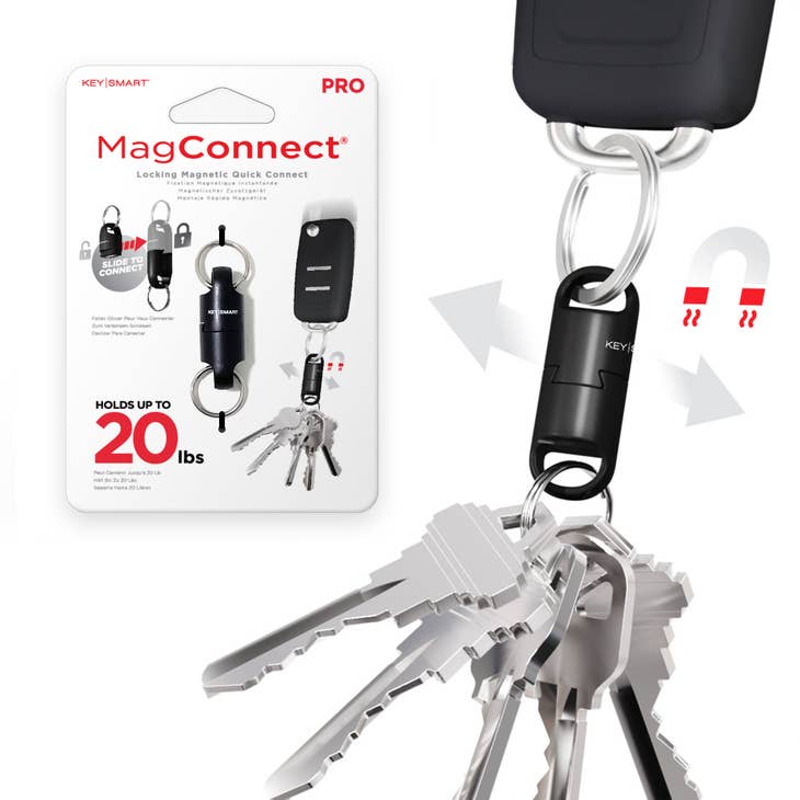 The image showcases the Magnetic Quick Connect Pro by KeySmart. The packaging emphasizes its ultra-durable magnetic quick connect feature that can support up to 20 lbs of keys. A diagram depicts the keychain being separated, with several keys still securely attached.