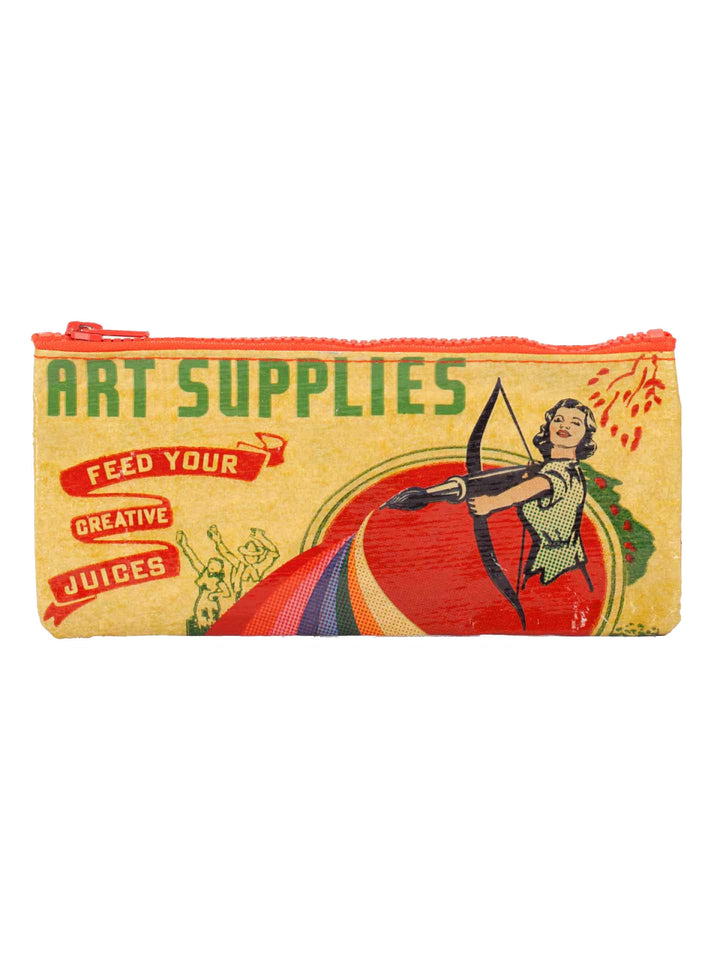 Introducing the Art Supplies Pencil Case by Blue Q: a vibrant and eco-friendly pouch created from recycled materials. This eye-catching case features a captivating illustration of a woman shooting a bow and arrow, releasing a rainbow, accompanied by the text "Art Supplies" and "Feed Your Creative Juices." The retro-styled graphics provide an appealing background, while the top zipper closure ensures it's perfect for your travel art studio.