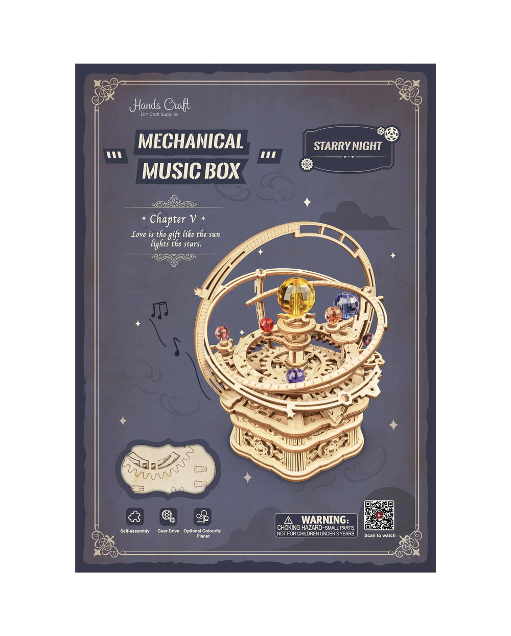 Discover the DIY "Starry Night" Mechanical Music Box by Hands Craft, an exquisite piece with intricate wooden gears and figures, reminiscent of an orrery mechanical model. The image showcases this artistry with text that reads, "Love is thin air, like the sun lights the stars." Features a QR code for more details, informative icons, and bears a warning label indicating it is suitable for ages 14 and up.