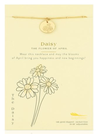 A 14k gold-dipped necklace, featuring the LuckyFeather Birth Flower April Daisy pendant, is beautifully displayed on a card adorned with a daisy illustration. The card explains the daisy as the birth flower for April, symbolizing happiness and new beginnings.