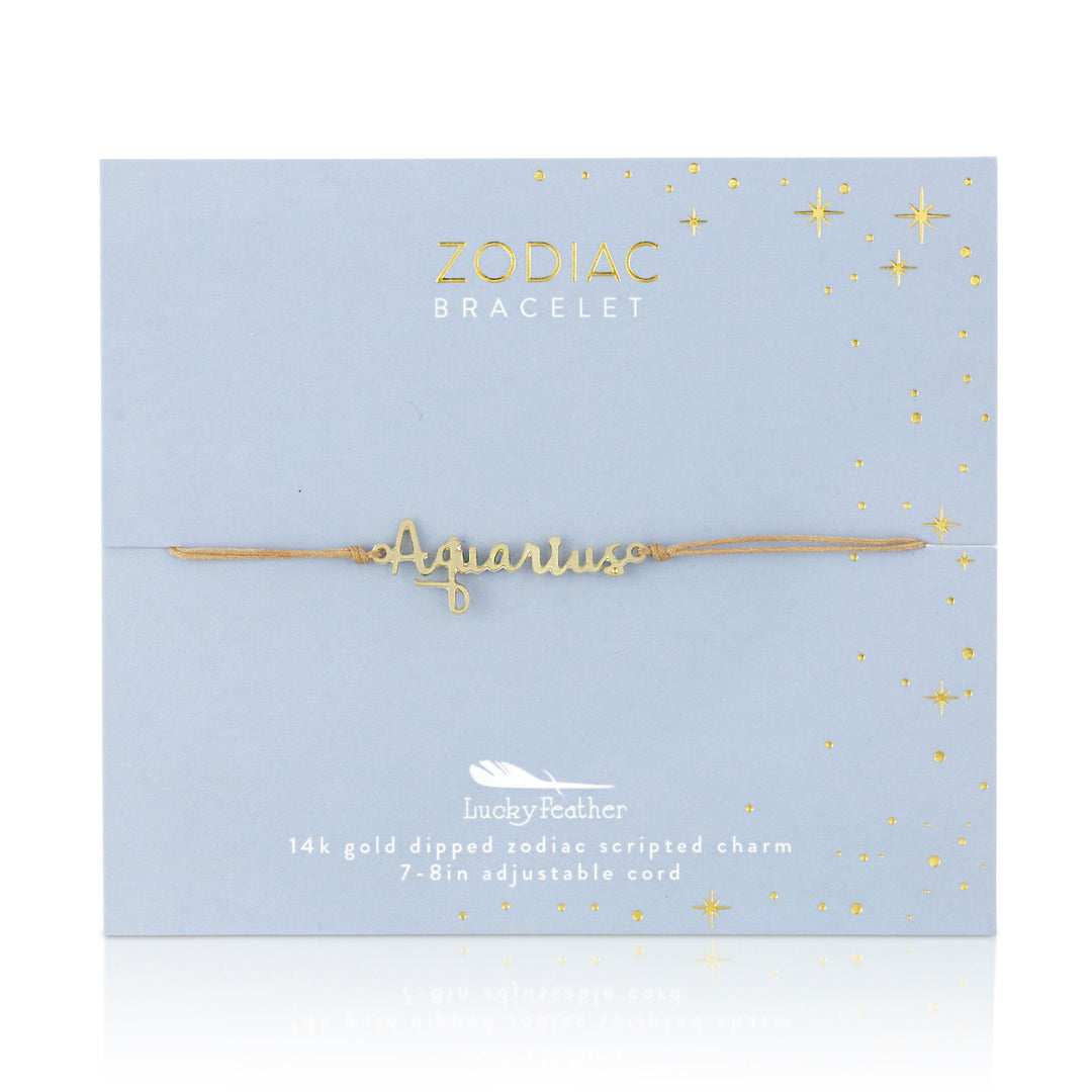 On a light blue card, LuckyFeather's Zodiac Bracelet Aquarius features a nickel-free, 14k gold-dipped scripted charm with adjustable cord (7-8 in), gold star accents, and a stunning "Aquarius" design.