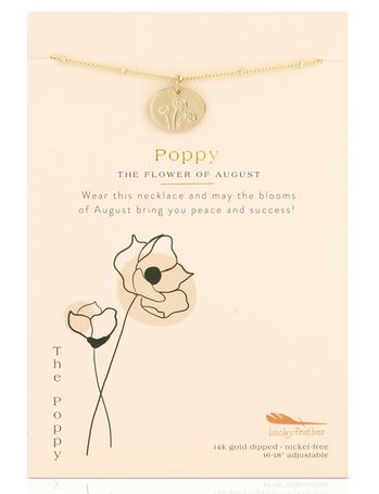 This is the Birth Flower August Poppy necklace by LuckyFeather, featuring a round pendant engraved with a flower and dipped in 14k gold. The accompanying card displays poppies and includes the message: "Poppy, the birth month flower of August. Wear this personalized gift and may the blooms of August bring you peace and success!