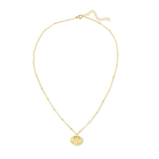 The Birth Flower August Poppy necklace by LuckyFeather is a 14k gold-dipped accessory that features a delicate fine chain adorned with small bead accents and a round pendant with an intricate palm tree design. It makes an excellent personalized gift, complete with an adjustable clasp for the perfect fit.