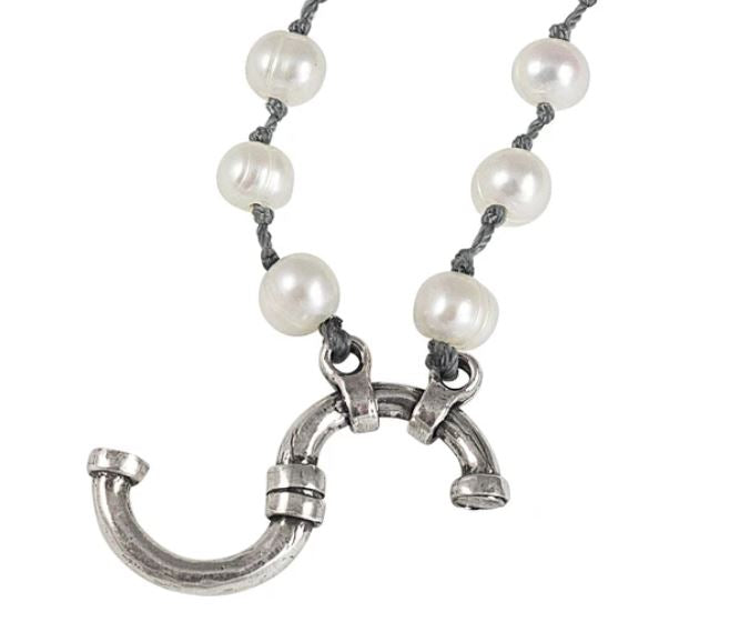 Explore the Boho Soul Necklace Silver and Pearls 36in by Waxing Poetic, which showcases a sterling silver horseshoe-shaped pendant on a gray cord, elegantly accented with evenly spaced freshwater pearls.