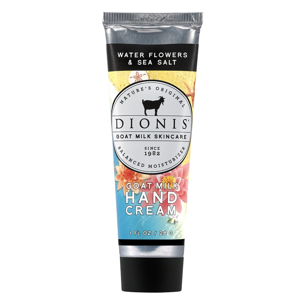 A 1oz tube of Dionis 1oz Cream Water Flowers Sea Salt is depicted, featuring a vibrant design adorned with flowers and the product label. The cream, infused with the refreshing scent of water flowers and sea salt, promises to deeply moisturize your skin. The text on the packaging reads "Nature's Original Goat Milk Skincare" and "Balanced Moisturizer.