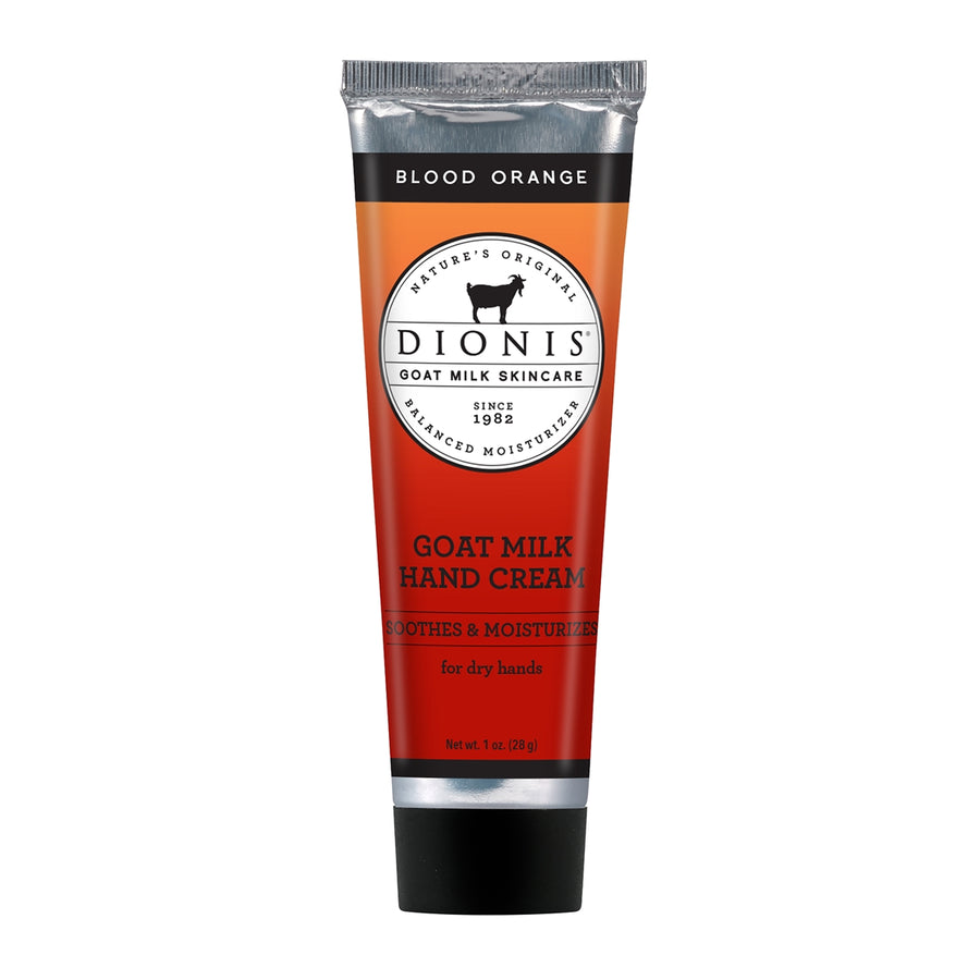 A tube of Dionis 1oz Cream in Blood Orange scent features a metallic cap and a predominantly red and orange design with black accents. This 28 g dry skin moisturizer promises to soothe and hydrate dry hands effectively.