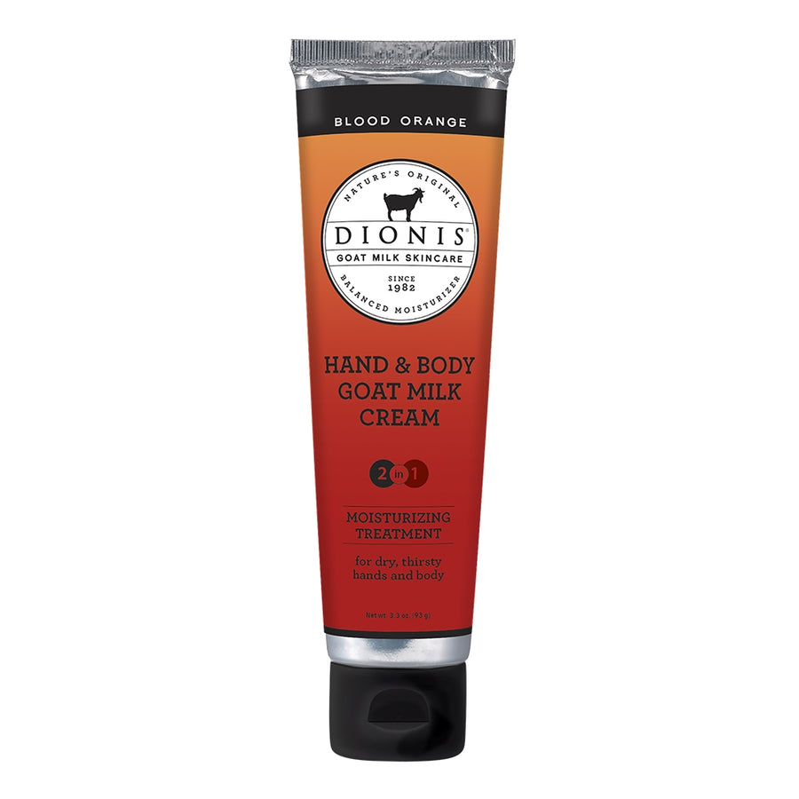 A travel-approved, 3.3 oz tube of Dionis Hand & Body Cream in the Blood Orange scent features a gradient design transitioning from black at the top to orange at the bottom. It offers "moisturizing treatment for dry, thirsty hands and body" with nourishing goat milk.