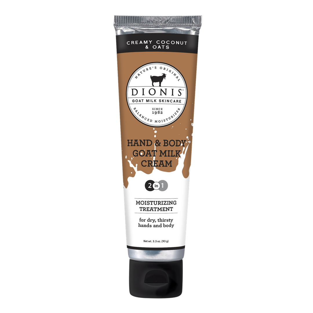 A 3.3-ounce (93g) tube of Dionis 3.3oz Creamy Coconut & Oats Hand & Body Goat Milk Cream, featuring a moisturizing formula specifically designed for dry, thirsty hands and body. The white tube is accented with brown and black and includes a goat icon on the label.