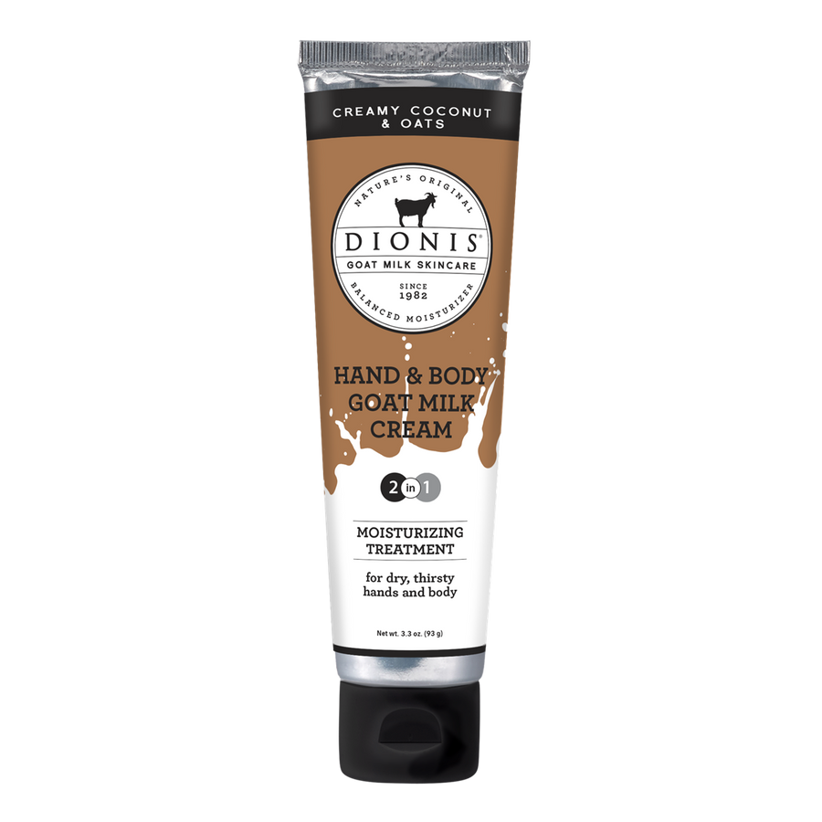 A 3.3-ounce (93g) tube of Dionis 3.3oz Creamy Coconut & Oats Hand & Body Goat Milk Cream, featuring a moisturizing formula specifically designed for dry, thirsty hands and body. The white tube is accented with brown and black and includes a goat icon on the label.