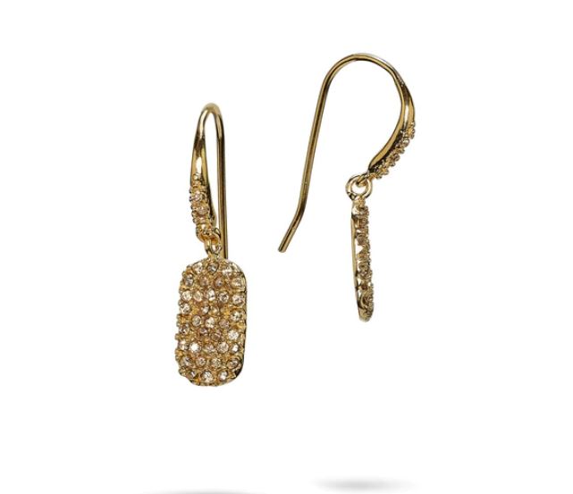 Cosmos Tag Earring Gold by Waxing Poetic—gold drop earrings with rectangular, diamond-studded pendants, displayed from front and side angles on a white background for a dazzling cosmic touch.