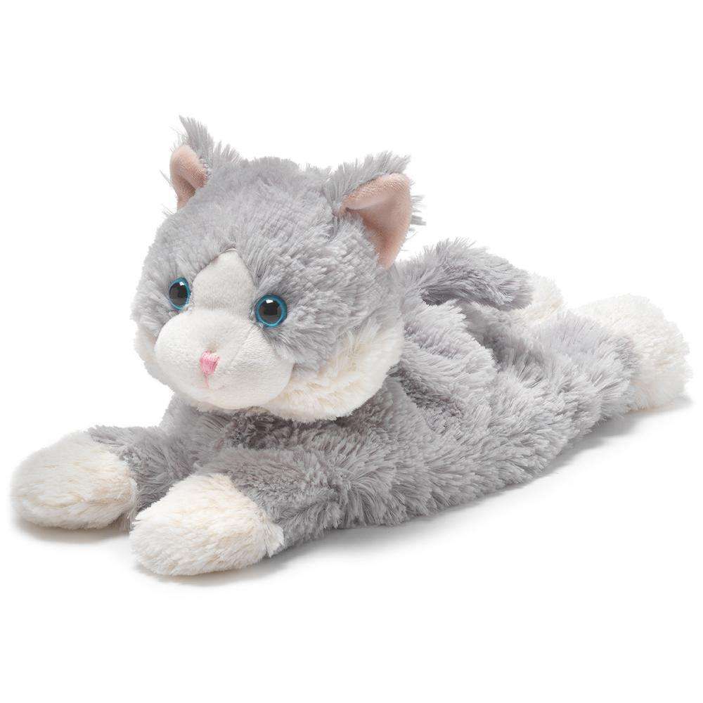 A cozy Gray Cat Warmies plush toy from the brand Warmies, with soft gray fur, white paws and ears, blue eyes, a pink nose, and infused with French Lavender.