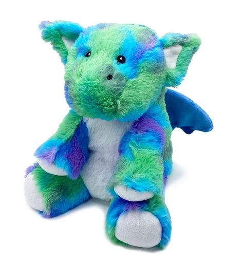 The Baby Dragon Warmie by Warmies is a plush toy with vibrant green, blue, and purple fur that sits upright. It features large ears, small black eyes, a soft white belly, and blue wings. Infused with French Lavender, it offers soothing comfort and gentle cooling relief.