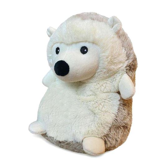 The Hedgehog Warmies from the Warmies collection is a plush toy designed with a round body, small ears, and a black nose. Its fur combines cream and light brown tones, creating a soft and cuddly appearance. It sits upright with a charming and friendly design, infused with hints of French Lavender scent.