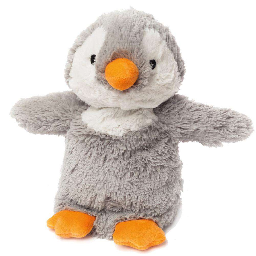 The Gray Penguin Warmie by Warmies is a fluffy gray and white stuffed penguin toy that stands upright with an orange beak and feet. This plush penguin has a soft texture, outstretched wings, and a calming lavender scent.