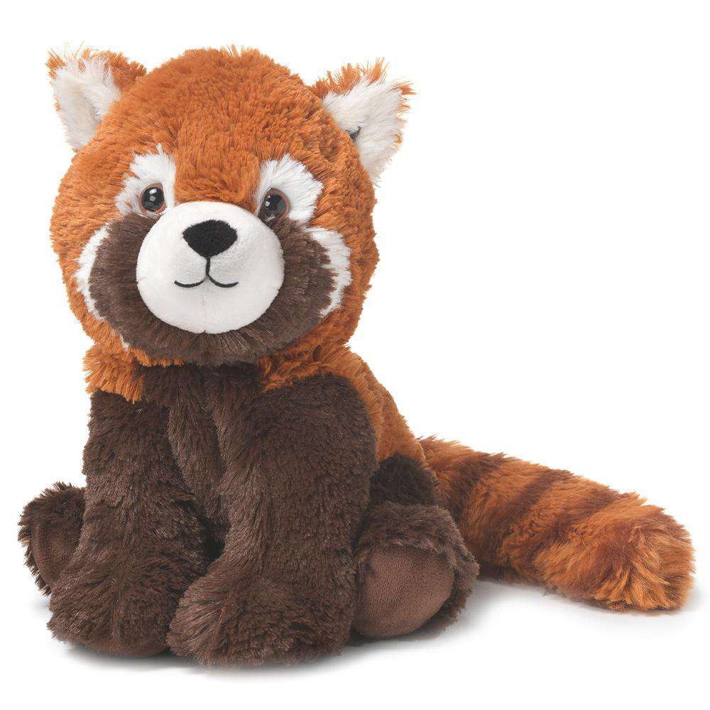 The Red Panda Warmie by Warmies is displayed in a seated position. This plush toy has a fluffy, reddish-brown body with darker brown legs, a white face adorned with brown patches around the eyes, and a striped tail. It features an adorable expression with a black nose and a small smile, providing both comfort and a soothing lavender scent.