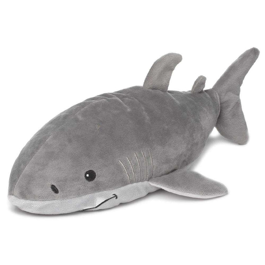 The Shark Warmie by Warmies is a plush toy shaped like a shark, crafted from soft gray fabric with a lighter gray belly. It features black eyes, a small smiling mouth, side fins, a tail fin, and three fins on its back. Infused with a soothing lavender scent for extra comfort, this cuddly shark is part of the beloved Warmies collection.