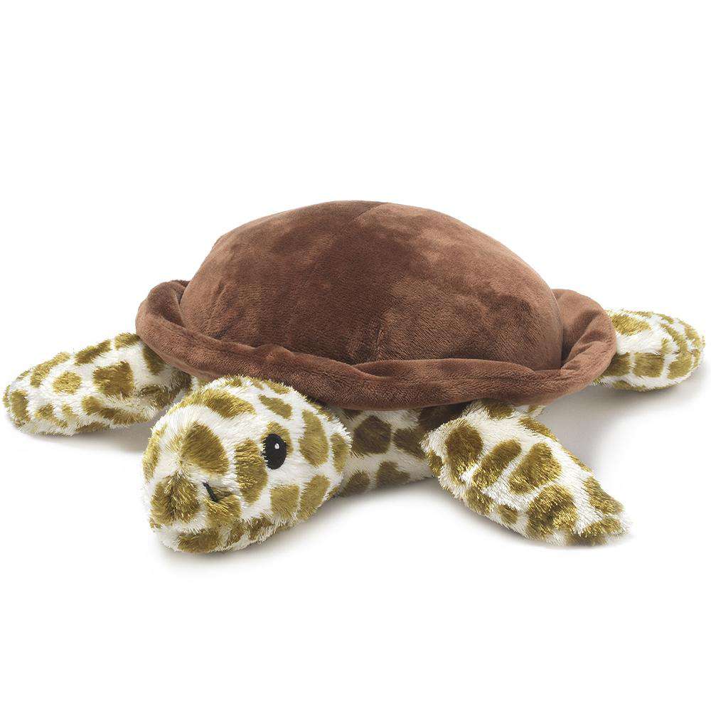 The Turtle Warmies by Warmies is a cozy, plush sea turtle featuring a brown shell and giraffe-patterned flippers and head. Infused with a calming lavender scent, this warm and huggable companion makes for an ideal comfort buddy. The toy is displayed on a plain white background.