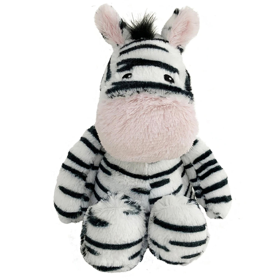 Introducing the Zebra Warmie by Warmies, a charming plush zebra toy featuring classic black and white stripes that sits upright. This delightful companion showcases big ears and a pink snout, offering cozy textures and a soothing lavender scent. The embroidered eyes enhance its cute and friendly look, making it an ideal cuddly friend.