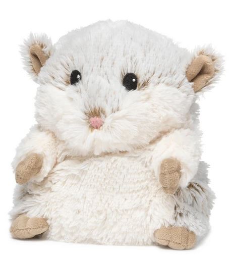 This adorable Hamster Warmie by Warmies is a fluffy, white plush toy with beige paws and ears. It features large black eyes and a small pink nose and sits upright. Infused with French Lavender, it's ideal for a comforting cuddle or providing gentle warmth after a brief microwave session.