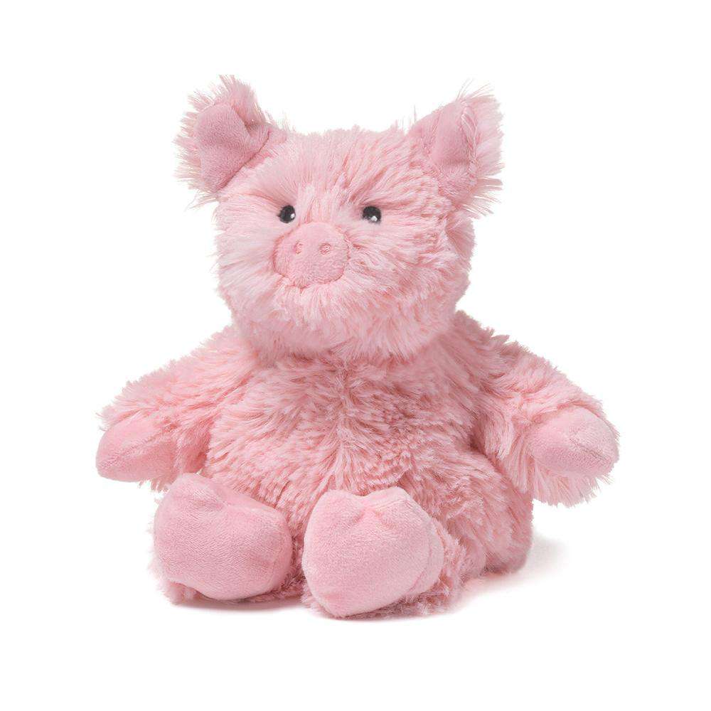 The Pig Junior Warmies by Warmies is a plush toy pig featuring soft pink fur, lavender scent, upright pose with small ears, round snout, and black embroidered eyes.