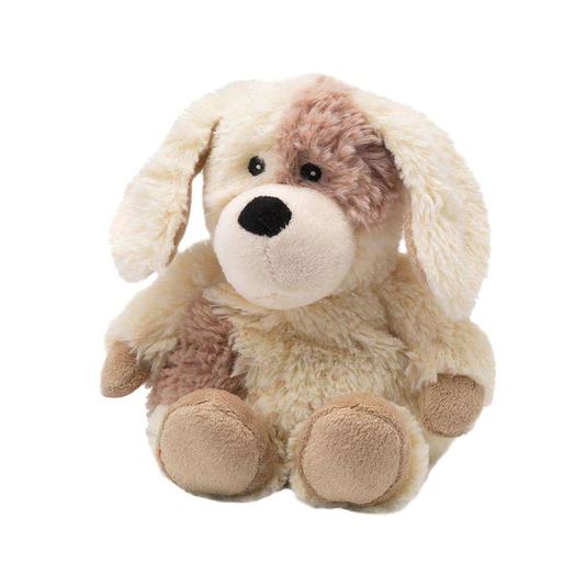 The Puppy Junior Warmies by Warmies is a plush stuffed animal resembling a dog with floppy ears, tan and brown fur, round black eyes, and a black nose. Microwave it for added warmth or soothing lavender scent while enjoying its soft texture.