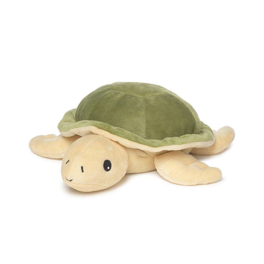 Introducing the Turtle Junior Warmies by Warmies, a cozy microwavable plush toy. This delightful turtle features a soft, green shell and tan limbs, infused with a calming lavender aroma. Its adorable, smiling face stands out against any plain white backdrop, offering the perfect companion for relaxing moments.