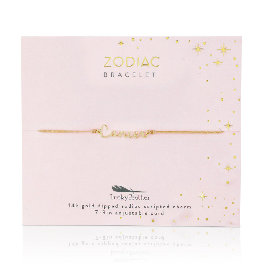 Introducing the Zodiac Bracelet Cancer by LuckyFeather, featuring a delicate adjustable cord with a Cancer zodiac charm, elegantly dipped in 14k gold. It is beautifully packaged with a celestial design and adorned with gold stars alongside the Lucky Feather logo—ideal for those who treasure zodiac bracelets infused with luxury.