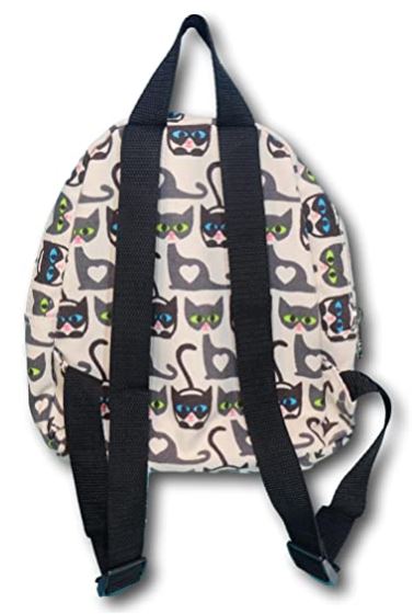 Bungalow 360's Mini Back Pack Cat is a charming small backpack made of durable cotton canvas, adorned with a whimsical design featuring black and grey cats—some sporting eyeglasses—amid white hearts on a beige background. It includes black adjustable shoulder straps, a top handle, and a convenient zipper closure.