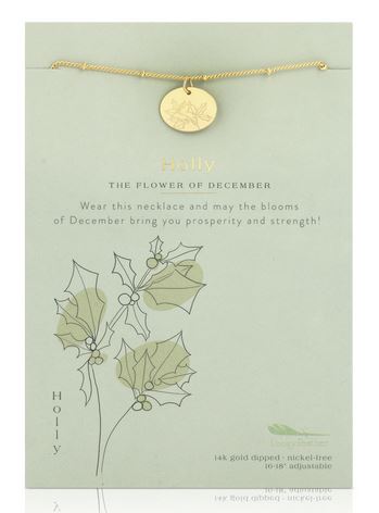 The LuckyFeather Birth Flower December Holly necklace is a 14k gold-dipped accessory featuring a circular pendant with a holly design. It comes on a personalized card that celebrates holly as the birth flower for December, offering wishes of prosperity and strength. Additionally, this elegant piece is nickel-free.