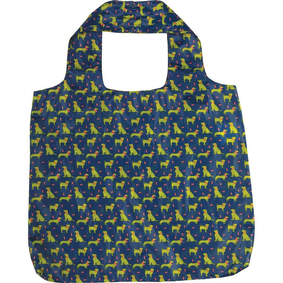 Introducing the Dog Pack Reusable Bag by zzzRockFlowerPaper: an eco-conscious shopping ally. This bag features a lively design of green, yellow, and red dogs set against a deep blue background, complete with a square-shaped handle cutout at the top for convenient carrying.